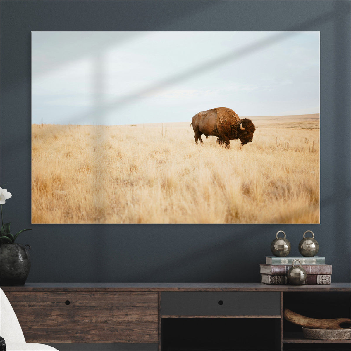 Buffalo Wall Art Canvas Print, Framed Western Wildlife Rustic Prairie Scene