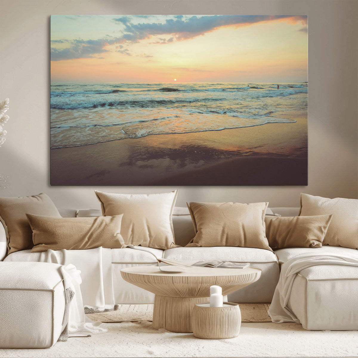 Sunset Seascape Wall Art Canvas Print, Framed Pastel Ocean View with Tranquil Shoreline