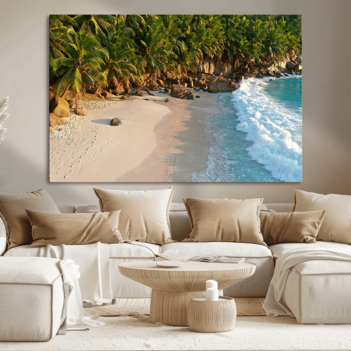 Tropical Beach Wall Art Canvas Print, Framed Ocean Waves and Palm Trees at Golden Sunset