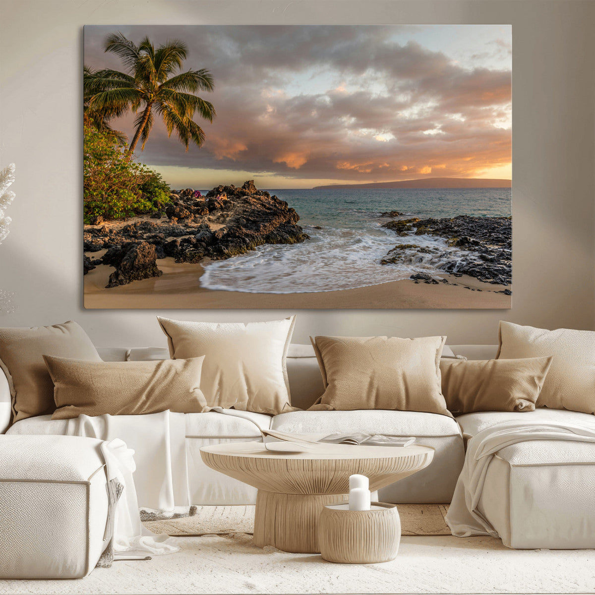 Tropical Beach Wall Art Canvas Print, Vibrant Hawaiian Sunset with Ocean Waves