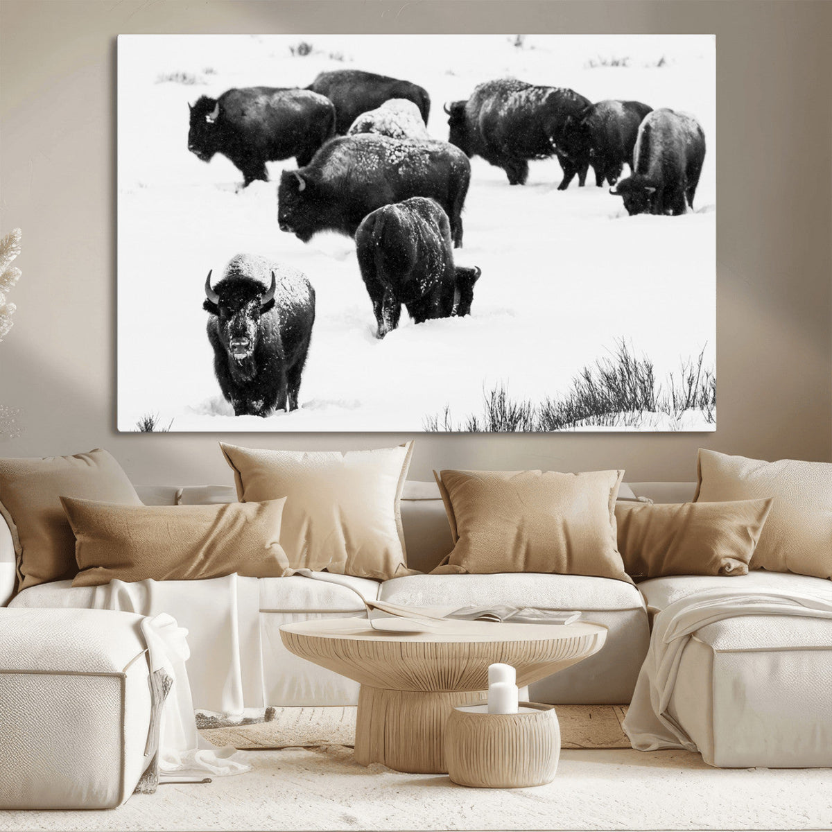 Buffalo Herd Wall Art Canvas Print, Framed Black and White Snowy Landscape