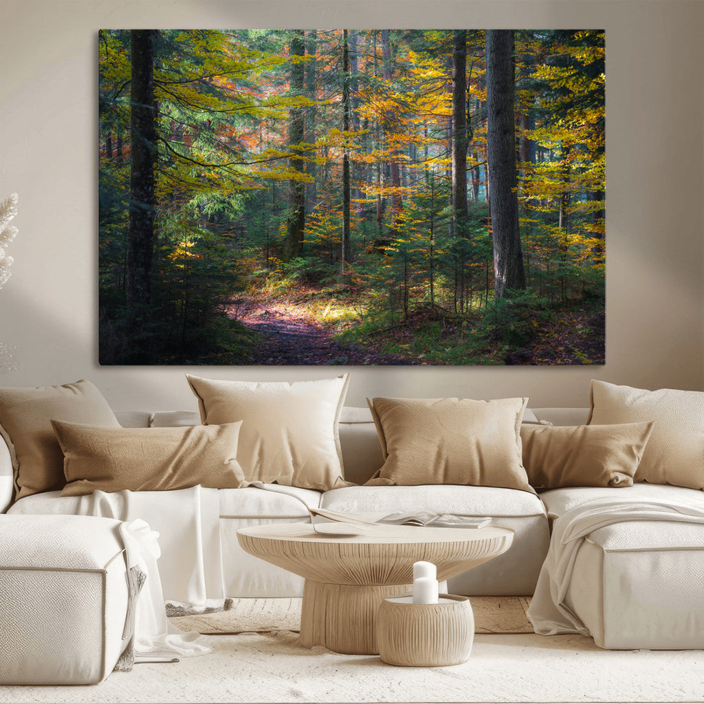 Autumn Forest Wall Art Canvas Print, Framed Fall Woodland with Golden Leaves