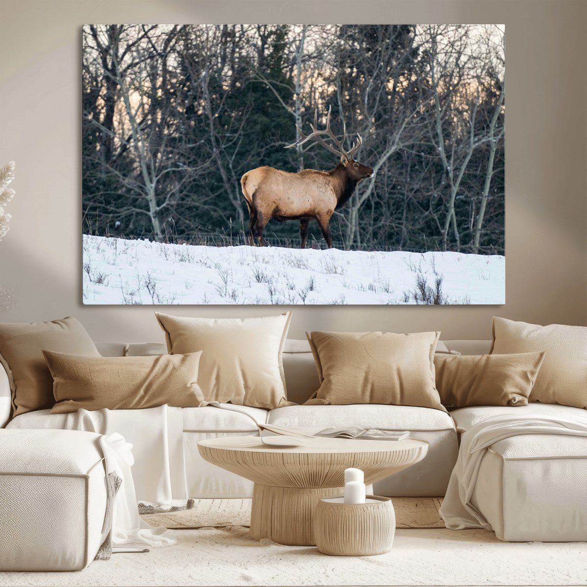 Wild Elk Wall Art Canvas Print, Framed Winter Wildlife in a Snowy Forest