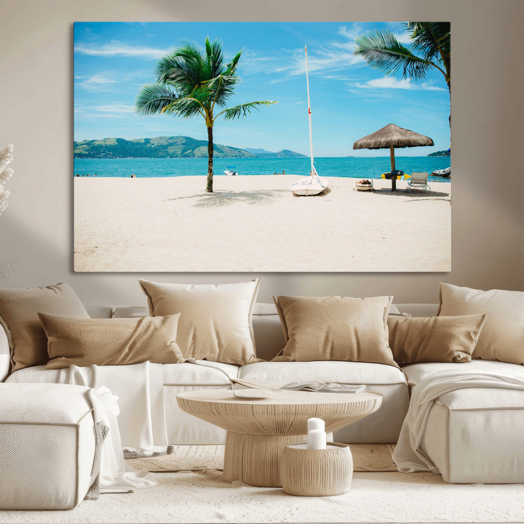 Tropical Beach Wall Art Canvas Print, Framed Palm Tree Ocean View with Calm Waves