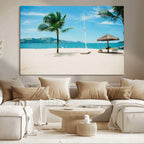 Tropical Beach Wall Art Canvas Print, Framed Palm Tree Ocean View with Calm Waves