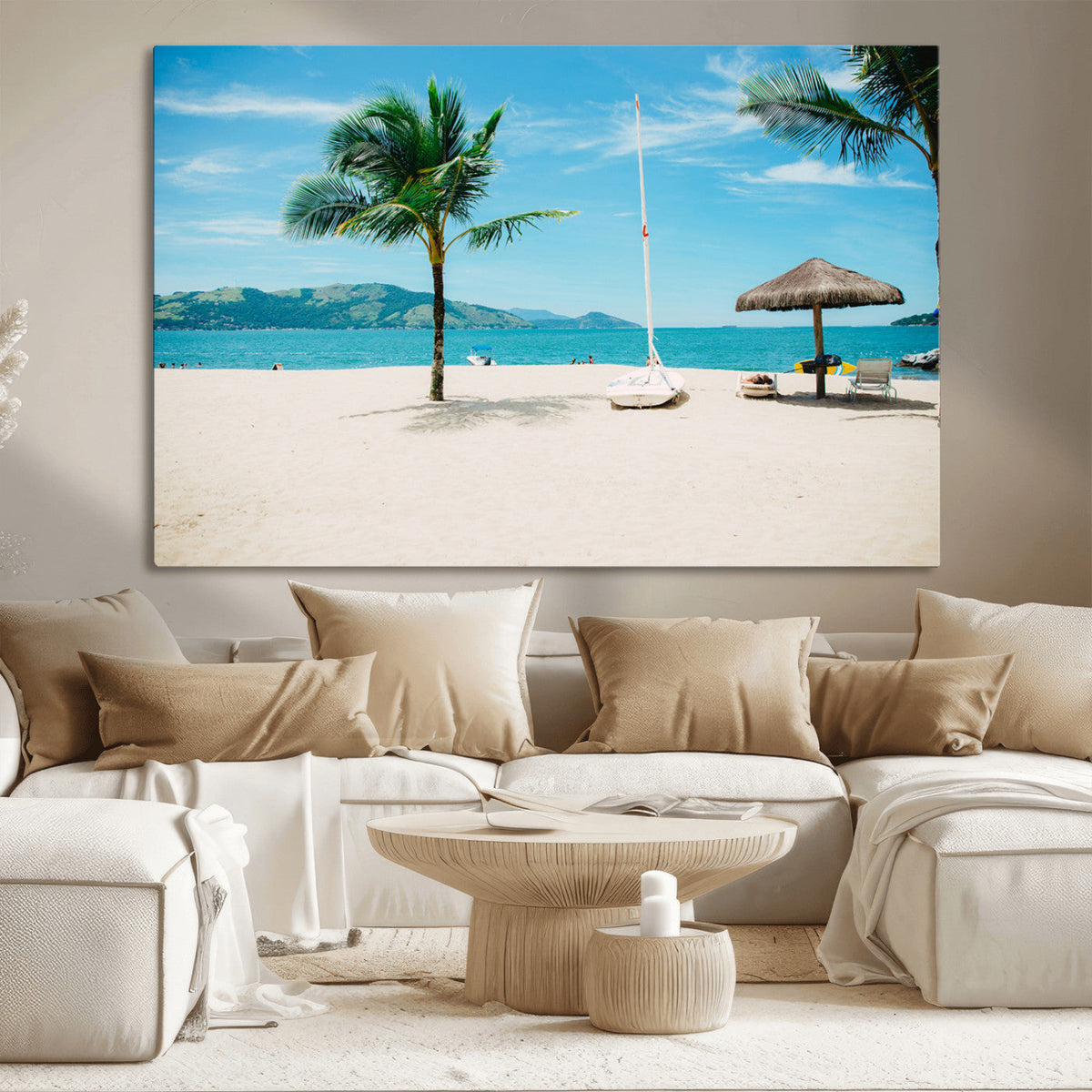 Tropical Beach Wall Art Canvas Print, Framed Palm Tree Ocean View with Calm Waves