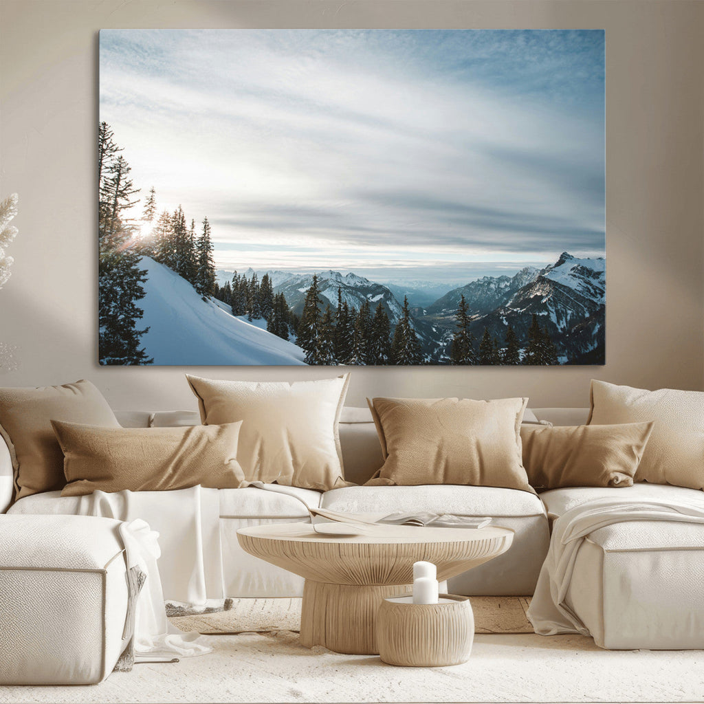 Snowy Mountains Wall Art Canvas Print, Framed Alpine Landscape Frosty Peaks Artwork
