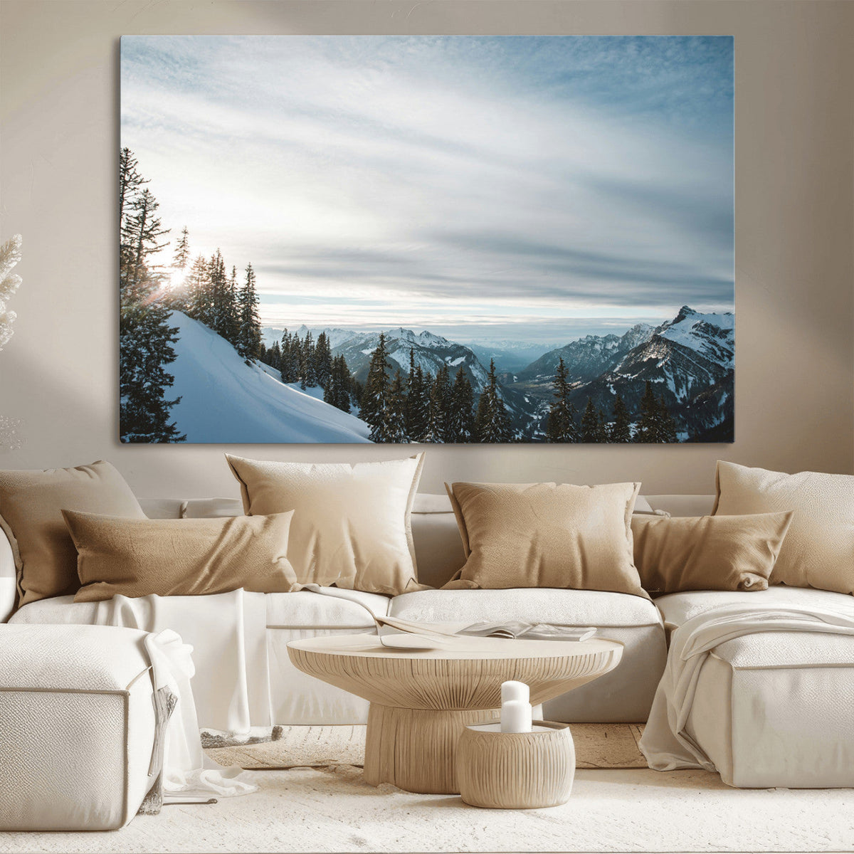 Snowy Mountains Wall Art Canvas Print, Framed Alpine Landscape Frosty Peaks Artwork
