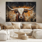 Abstract Longhorn Bull Wall Art Canvas Print, Vintage Western Texas Steer Artwork