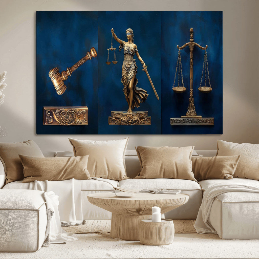 Lady Justice Wall Art Canvas Print, Elegant Gold Legal Symbols on Blue, Law Office Decor