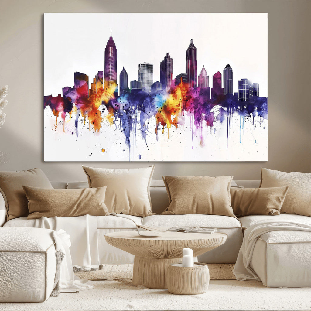 Atlanta Skyline Wall Art Canvas Print, Framed Colorful Watercolor Cityscape