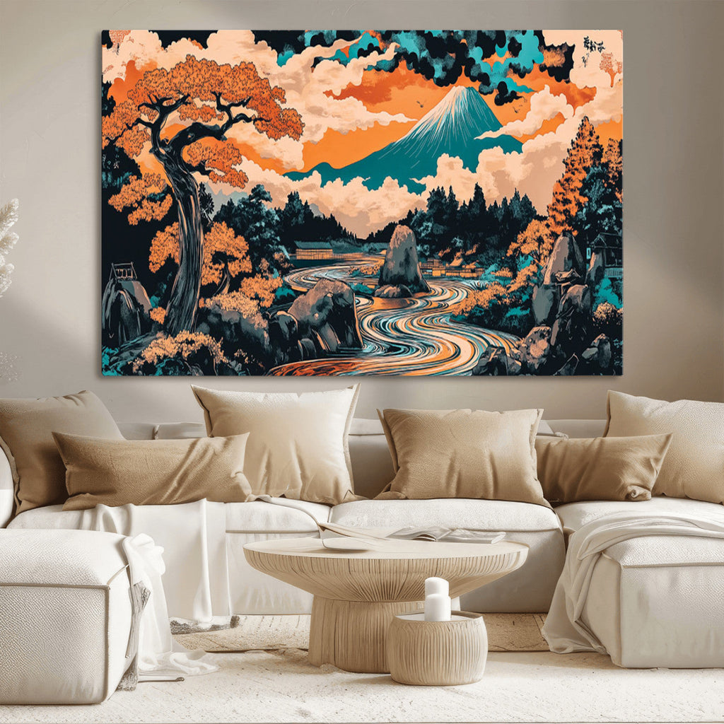 Japanese Landscape Wall Art Canvas Print, Mount Fuji with Flowing River and Autumn Trees
