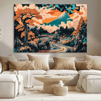 Japanese Landscape Wall Art Canvas Print, Mount Fuji with Flowing River and Autumn Trees