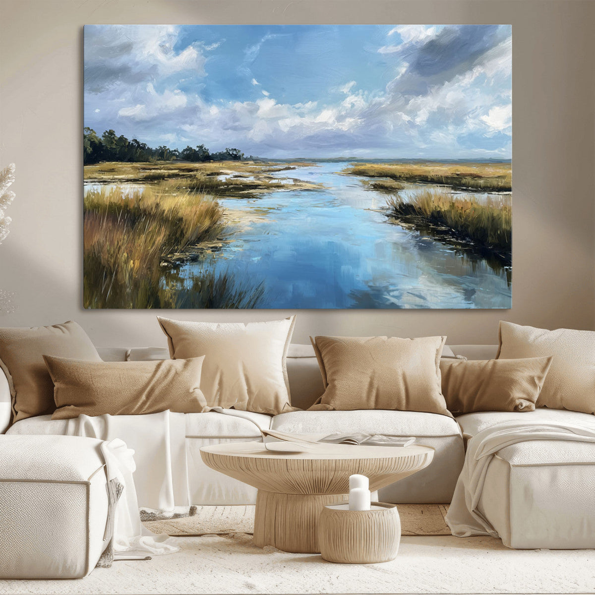 Marshland Wall Art Canvas Print, Serene Water Reflection with Blue Sky and Golden Grass