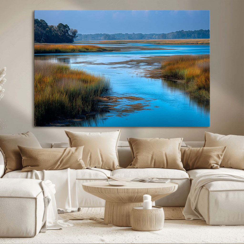 Tranquil Marshland Wall Art Canvas Print, Blue Water Reflecting Sky and Golden Grasses