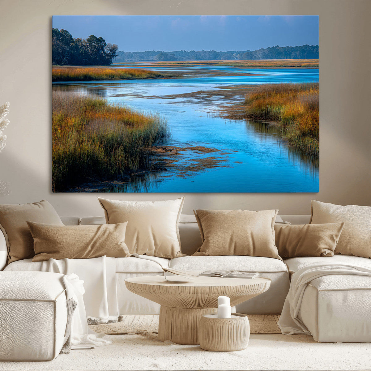 Tranquil Marshland Wall Art Canvas Print, Blue Water Reflecting Sky and Golden Grasses