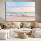 Serene Ocean Waves Wall Art Canvas Print, Pastel Sky Over a Soft Sand Beach