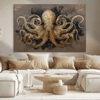 Octopus Wall Art Canvas Print, Black and Gold Detailed Tentacles Nautical Illustration
