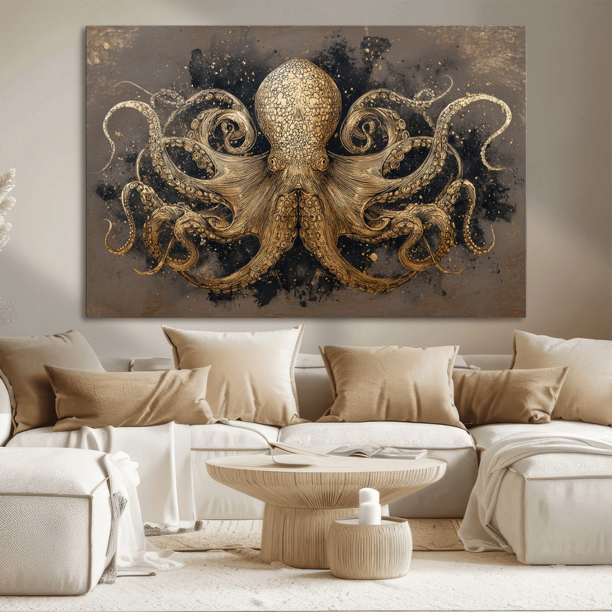 Octopus Wall Art Canvas Print, Black and Gold Detailed Tentacles Nautical Illustration