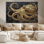 Octopus Wall Art Canvas Print, Gold Detail Octopus on Wooden Plank Background