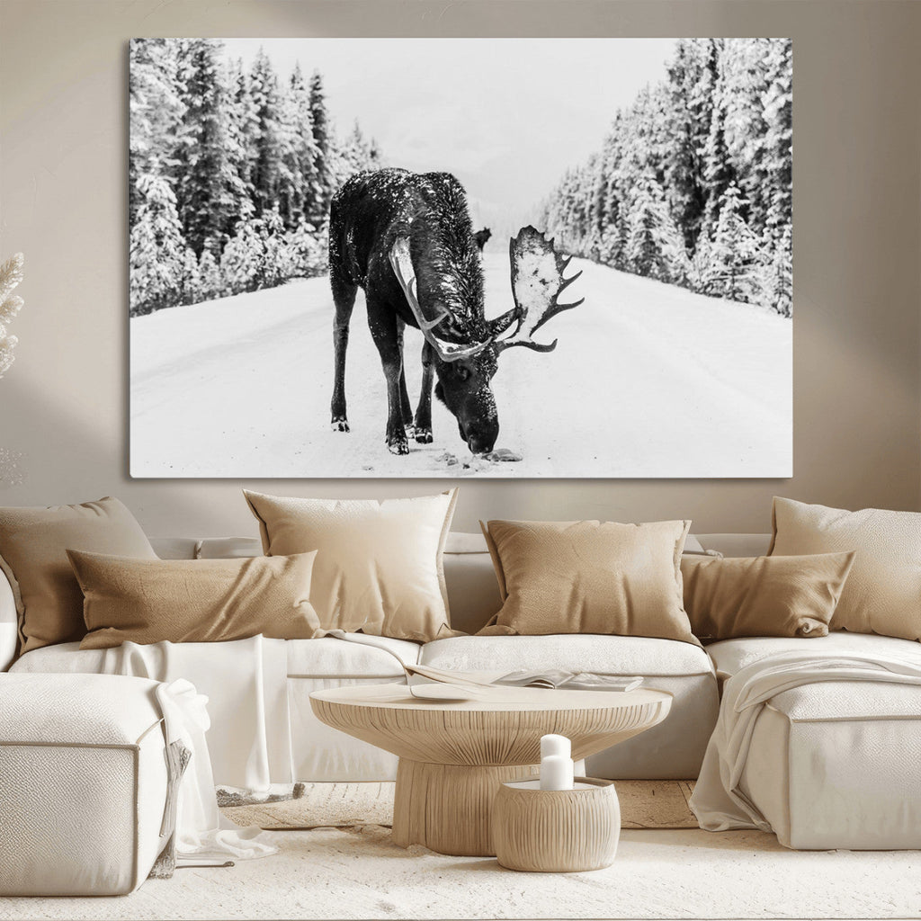 Moose Wall Art Canvas Print, Winter Moose with Antlers in a Snowy Forest