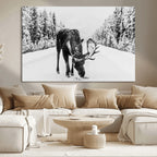Moose Wall Art Canvas Print, Winter Moose with Antlers in a Snowy Forest