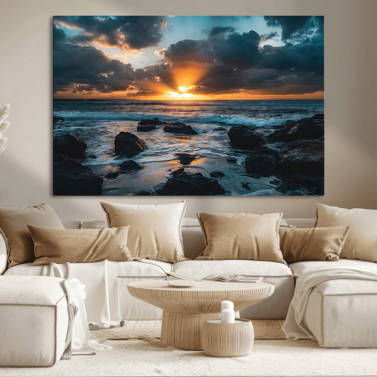 Ocean Sunset Wall Art Canvas Print, Rocky Shore Waves and Golden Sun Rays