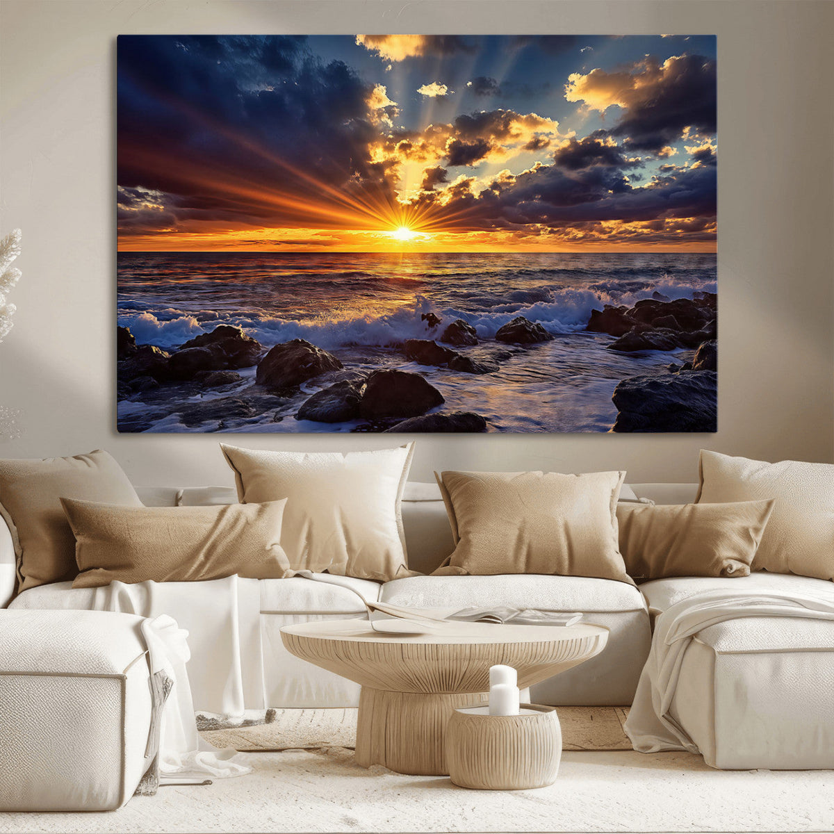 Sunset Ocean Wall Art Canvas Print, Waves on a Rocky Shore Under Dramatic Sky