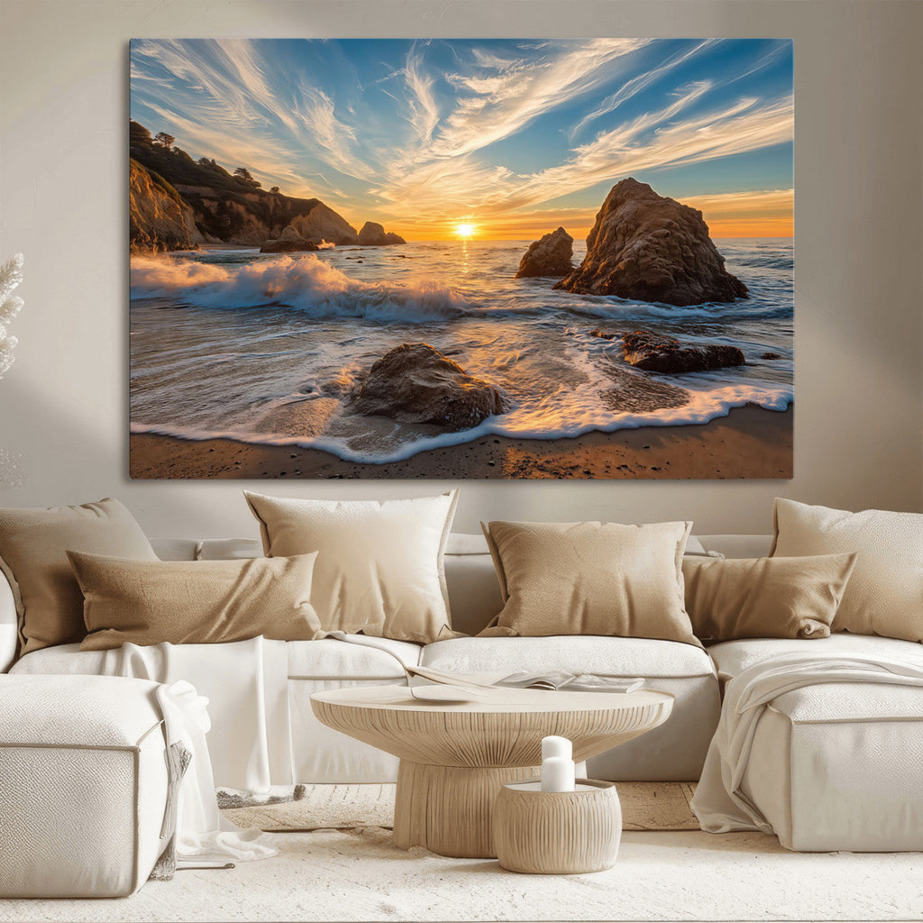 Rocky Ocean Sunset Wall Art Print, Seaside Canvas with Dramatic Seascape
