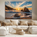 Rocky Ocean Sunset Wall Art Print, Seaside Canvas with Dramatic Seascape