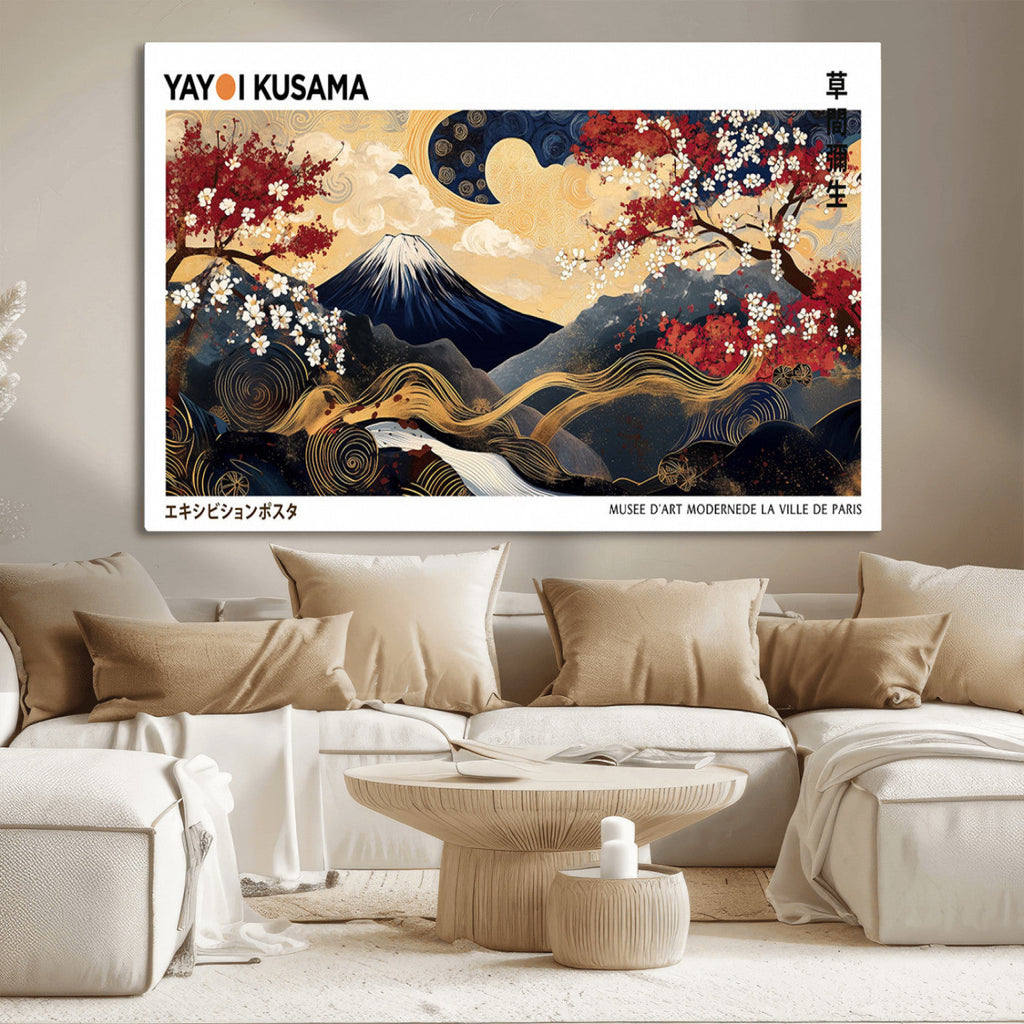 Yayoi Kusama Inspired Japanese Art Canvas Print, Floral Mt. Fuji Modern Asian Wall Decor