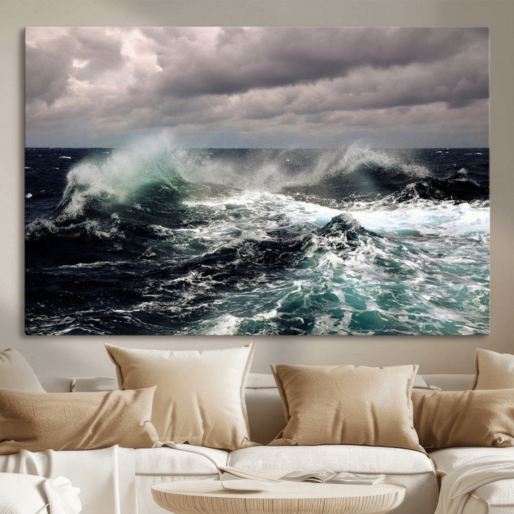 Stormy Ocean Waves Canvas Wall Art, Framed Turbulent Sea Nature Print