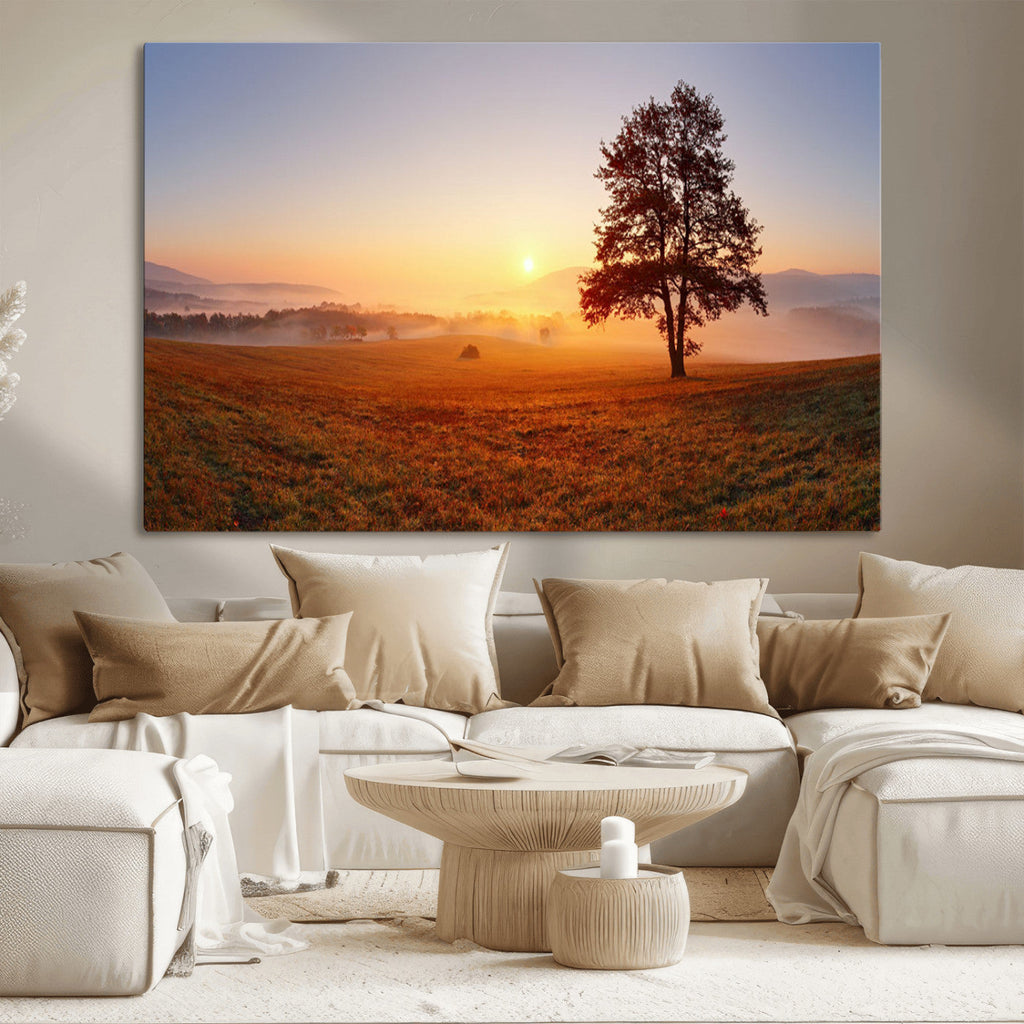 Golden Sunrise Landscape Canvas Wall Art, Framed Misty Field Nature Print