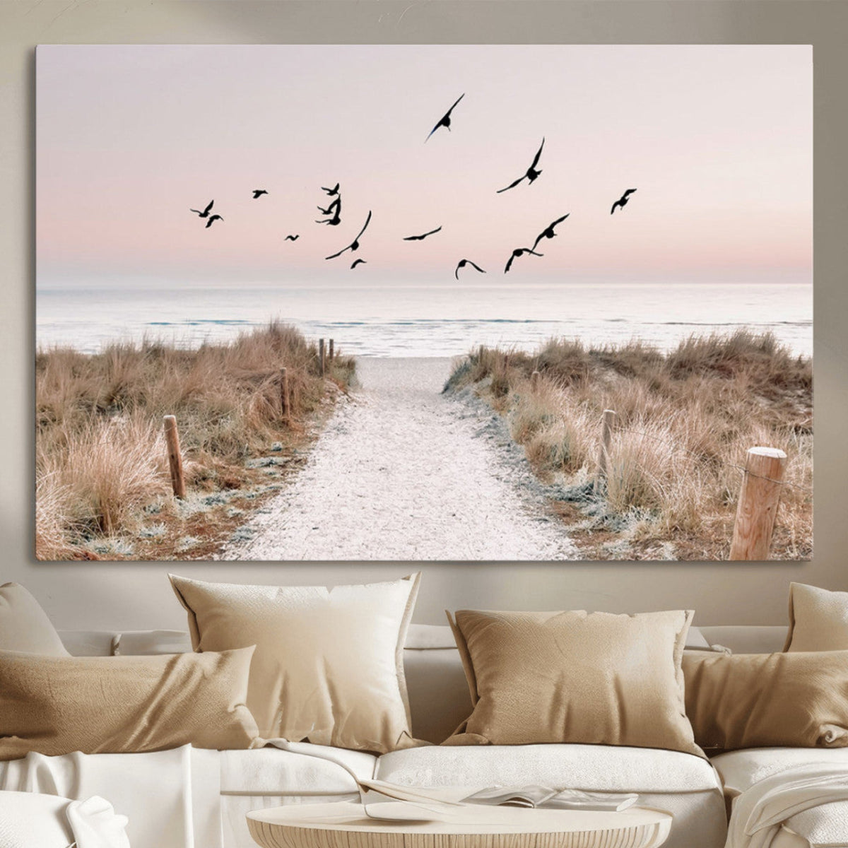 Coastal Pathway Canvas Wall Art Print, Framed Seaside Landscape with Beach and Birds