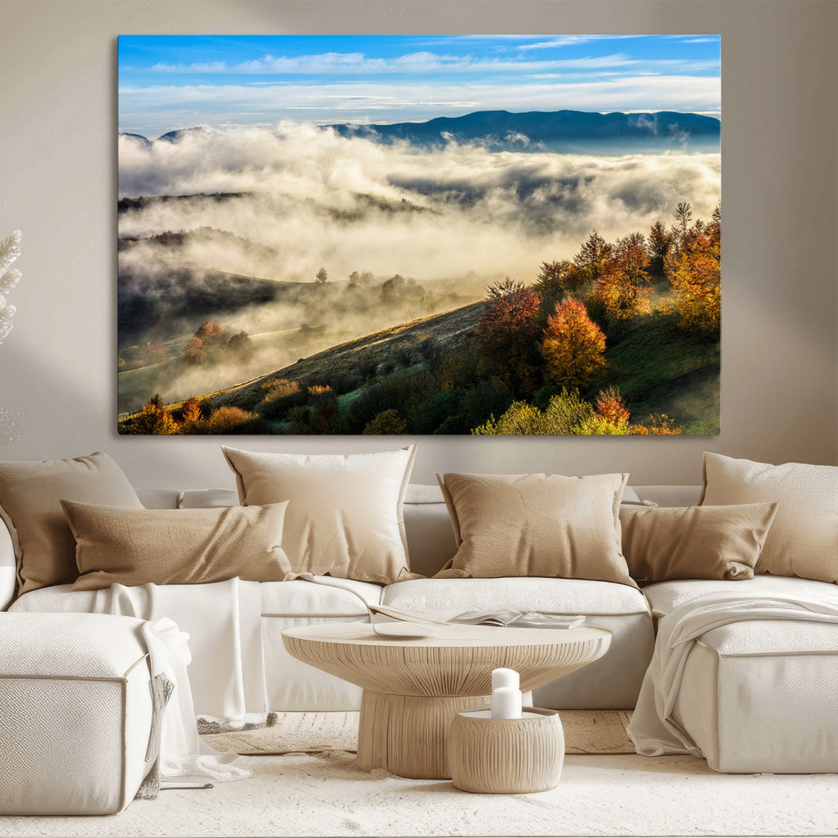 Misty Autumn Hills Wall Art Canvas Print, Foggy Forest Landscape with Fall Foliage