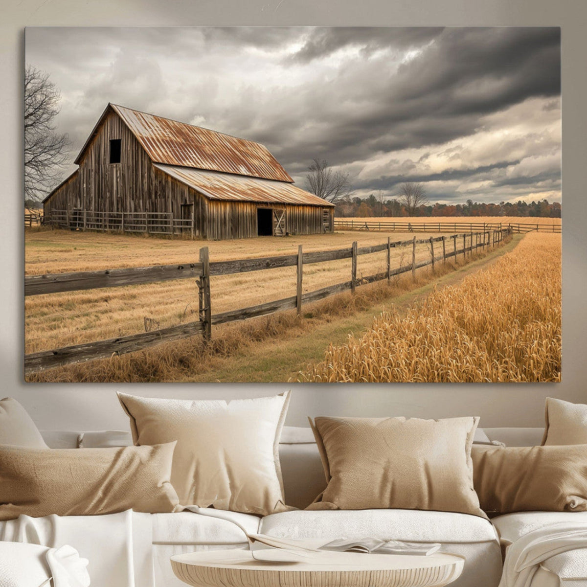 Rustic Farm Barn Wall Art Canvas Print, Stormy Sky Country Decor