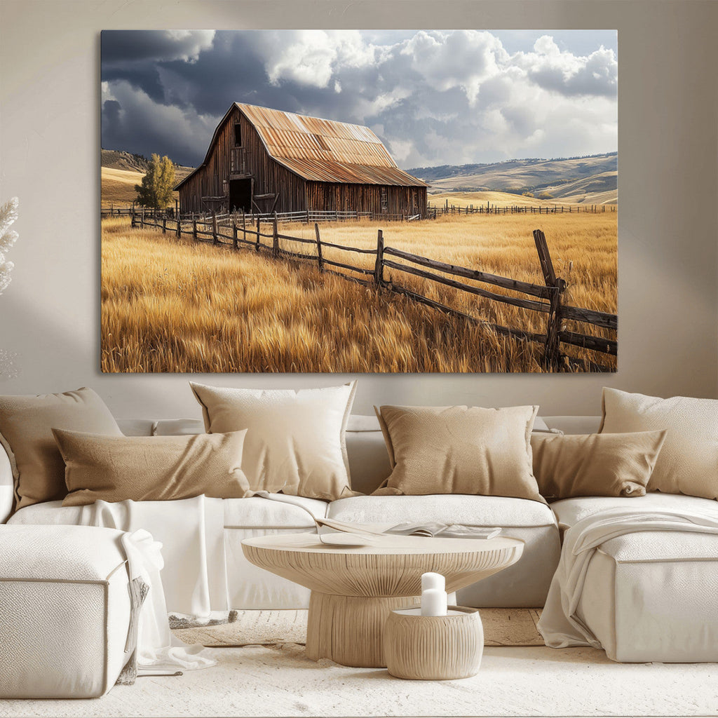 Golden Wheat Field Barn Canvas Print, Rustic Farm Landscape Under Dramatic Sky