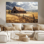 Golden Wheat Field Barn Canvas Print, Rustic Farm Landscape Under Dramatic Sky