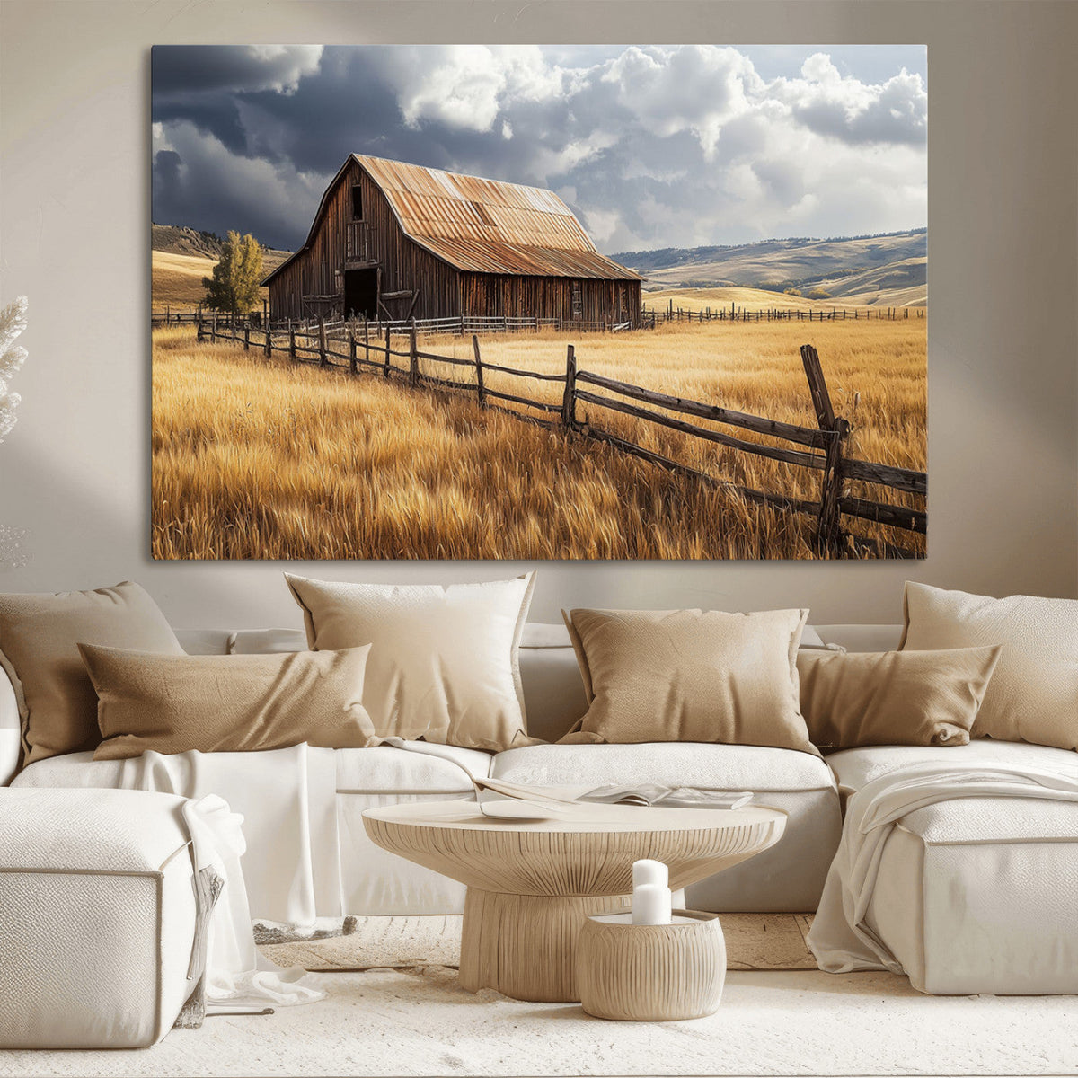 Golden Wheat Field Barn Canvas Print, Rustic Farm Landscape Under Dramatic Sky