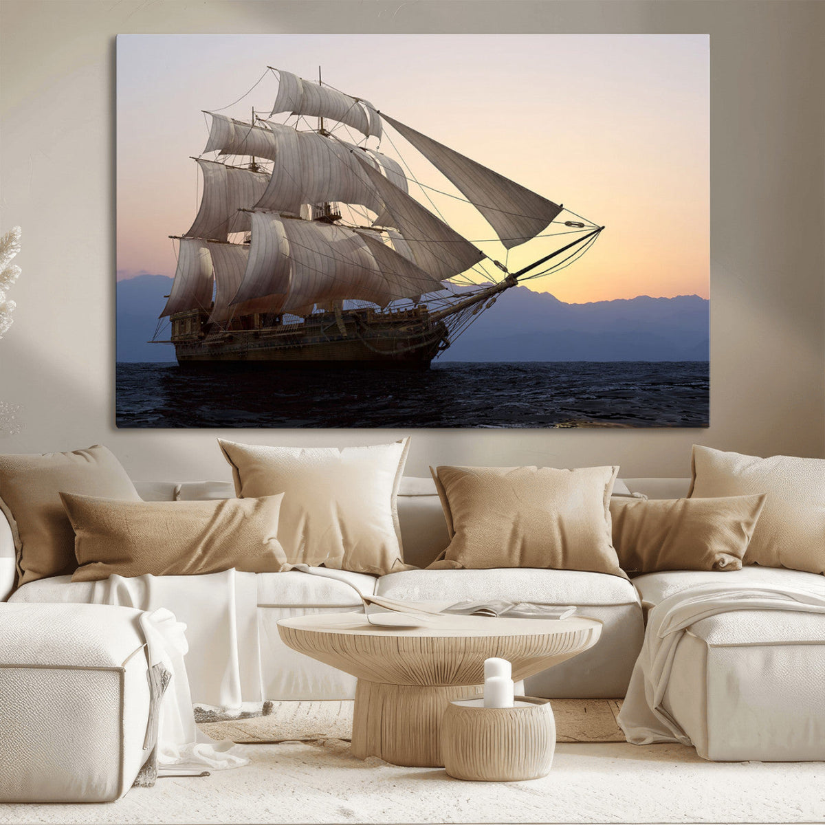 Majestic Sailing Ship Wall Art Canvas Print, Sunset Ocean Voyage with Tall Ship