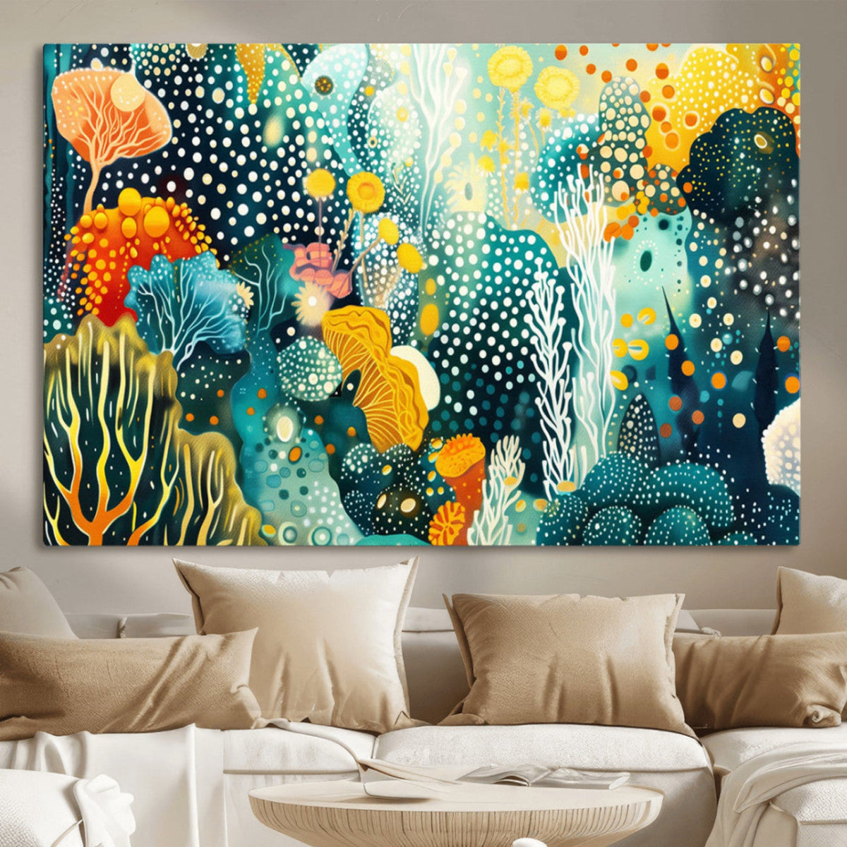Luminous Abstract Ocean Garden Wall Art Canvas Print, Vibrant Coral Reef Marine Life