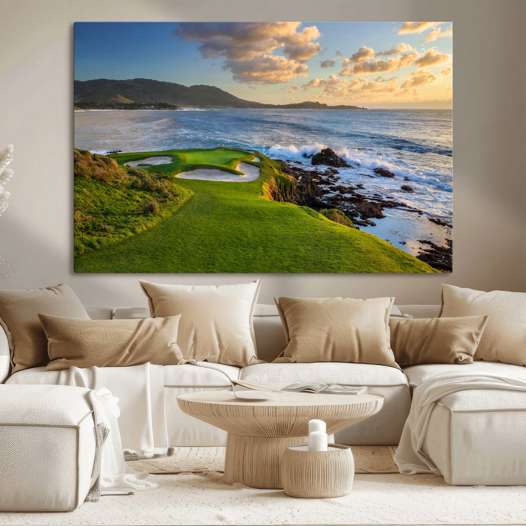 Coastal Golf Course Wall Art Canvas Print, Sunset with Rolling Green Fairways and Ocean Waves