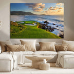 Coastal Golf Course Wall Art Canvas Print, Sunset with Rolling Green Fairways and Ocean Waves