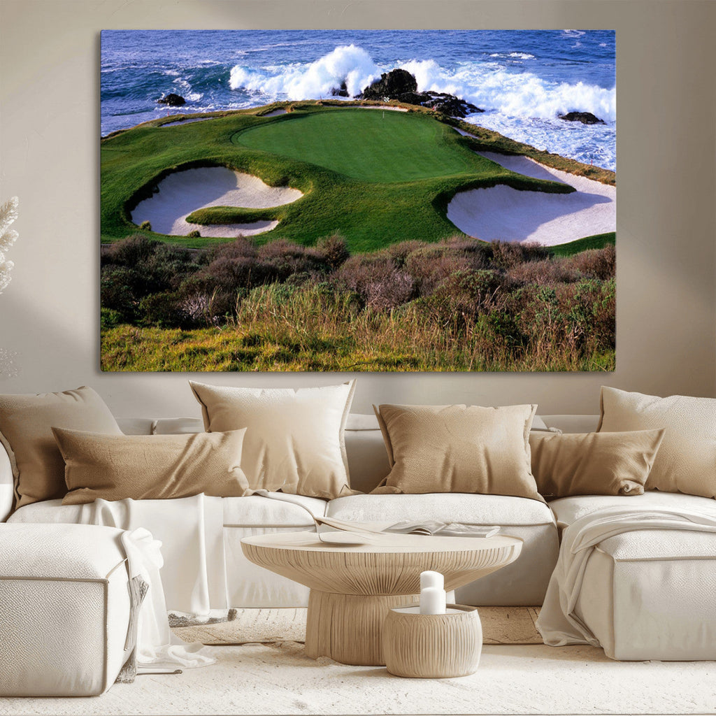 Ocean Cliff Golf Course Wall Art Canvas Print, Waves Crashing, Coastal Golf Landscape