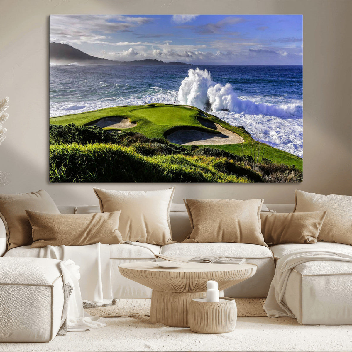 Ocean Waves Crashing Wall Art Canvas Print, Dramatic Rocky Coastline Near a Golf Course
