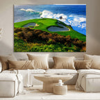 Coastal Golf Course Wall Art Canvas Print, Vibrant Green with Sand Bunkers and Ocean Waves