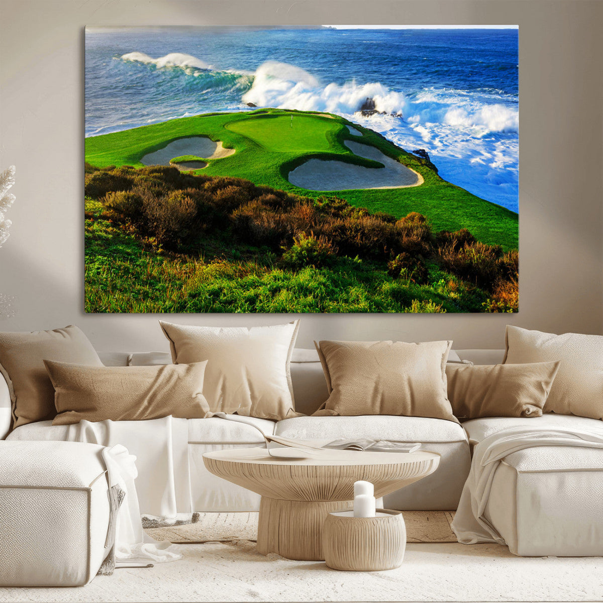 Coastal Golf Course Wall Art Canvas Print, Vibrant Green with Sand Bunkers and Ocean Waves