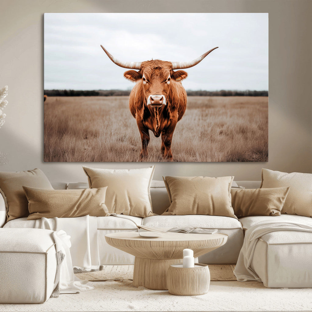 Longhorn Bull Wall Art Canvas Print, Framed Rustic Decor