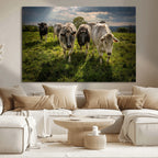 Grazing Cattle Herd Wall Art Canvas Print, Framed Green Pasture Farm Scene