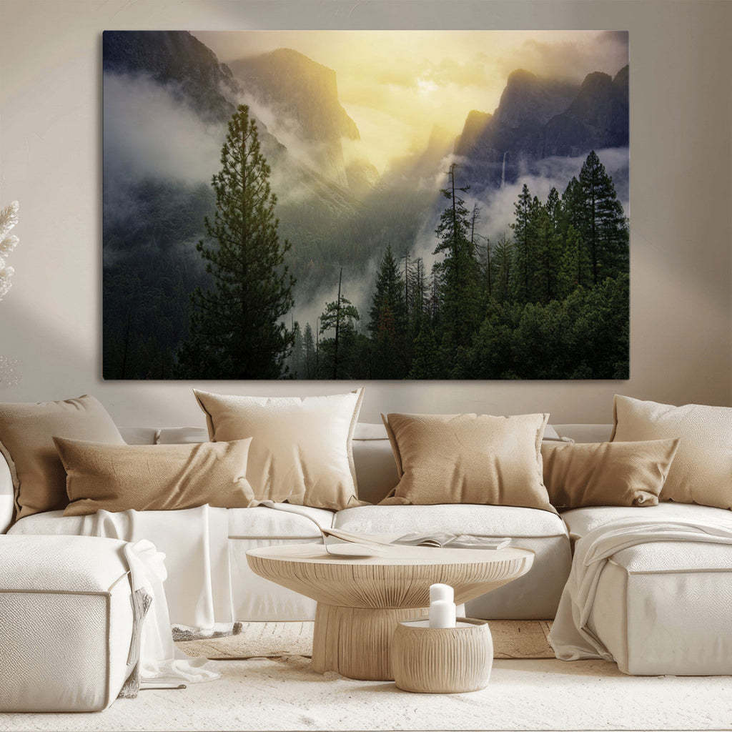 Misty Forest Sunrise Wall Art Canvas Print, Framed Mountain Valley Pine Trees